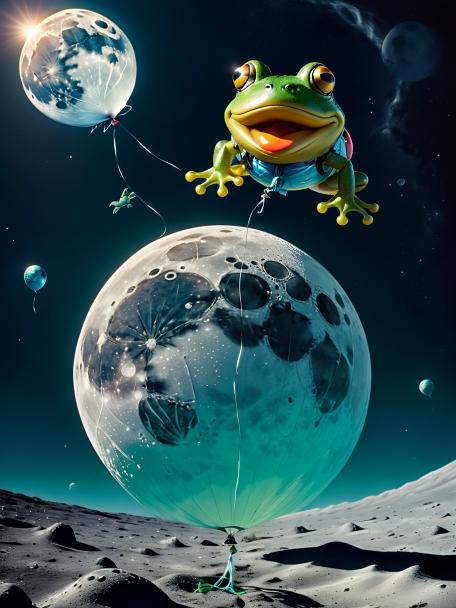 A frog wearing a balloon underwater on the moon and spaced on the sun.