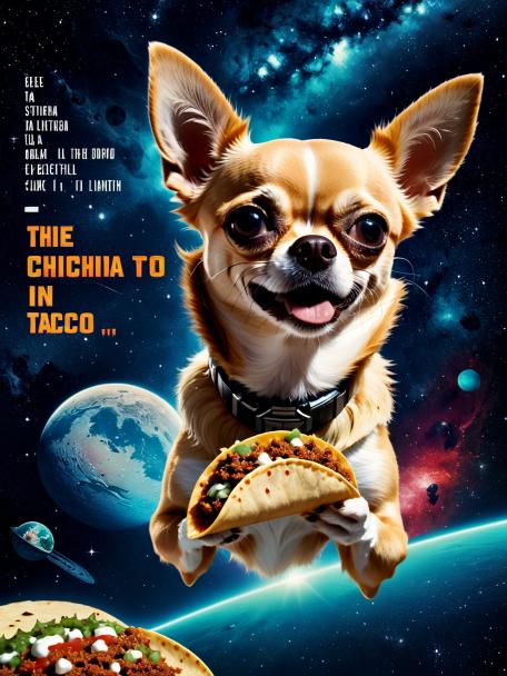 Chihuahua eating a taco in space.