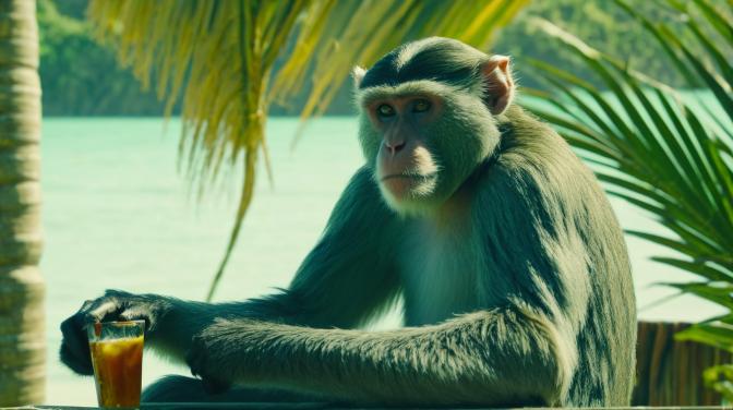 Monkey D. Luthi relaxing at a tropical resort.
