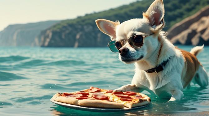 Chihuahua eating pizza in the sea.