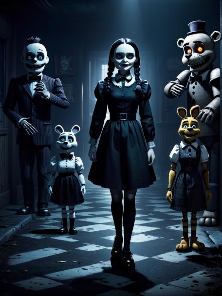 Wednesday Addams in FNAF. Five Nights at Freddy's. But instead, the animatronics go rogue.