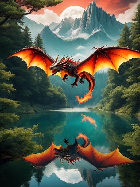 A dragon flying in the sky, breathing fire, flying over a forest with mountains and a pond.