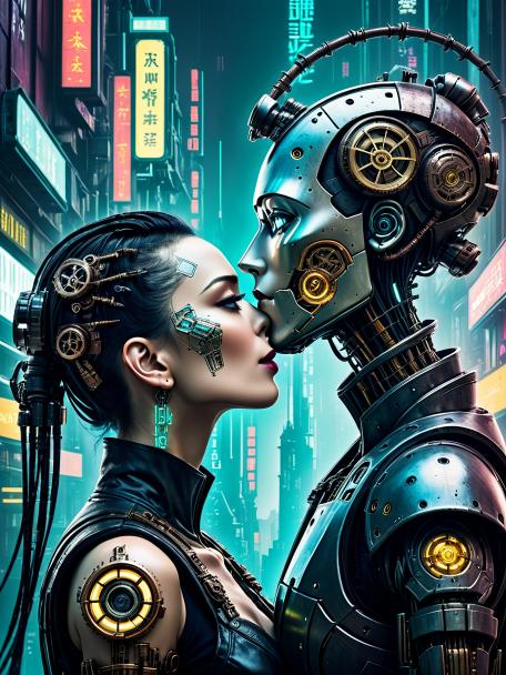 cyberpunk robot kissing steampunk robot