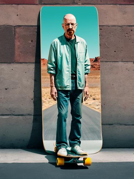 Make artwork of Walter White on a skateboard.