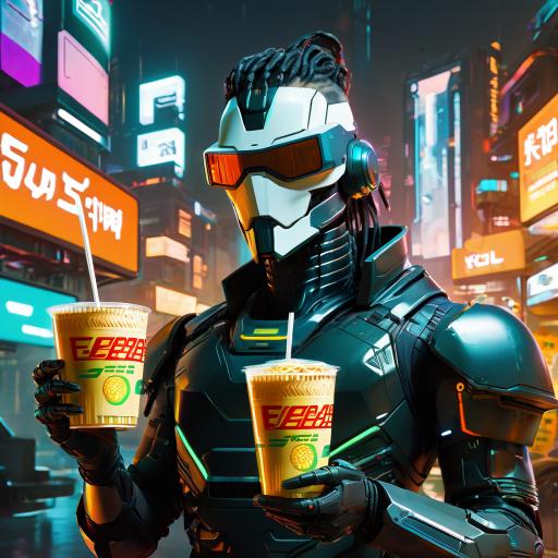 Eva with a big cup of noodles.