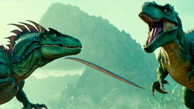 A dragon fighting a T-Rex.