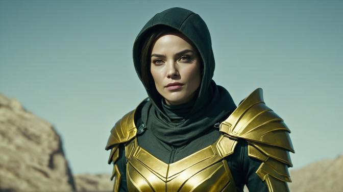 Gold, female rogue, armor with a hood.
