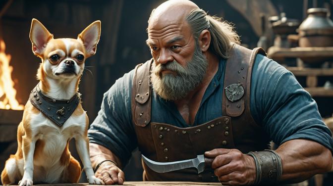 Blacksmith Dwarf with a Chihuahua.