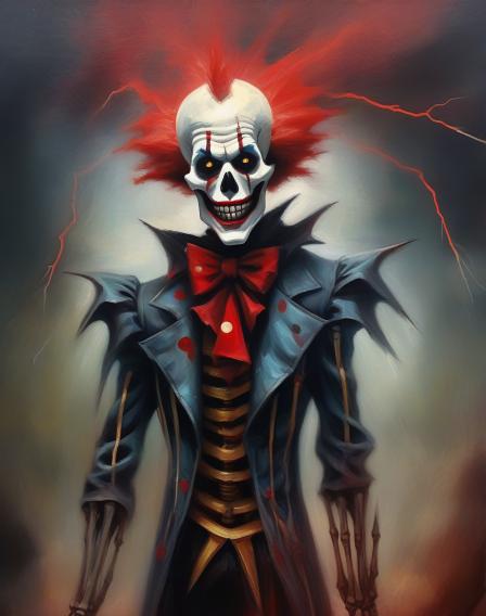 Create an image of a lightning bolt that is red, striking a skeleton dressed as a clown.