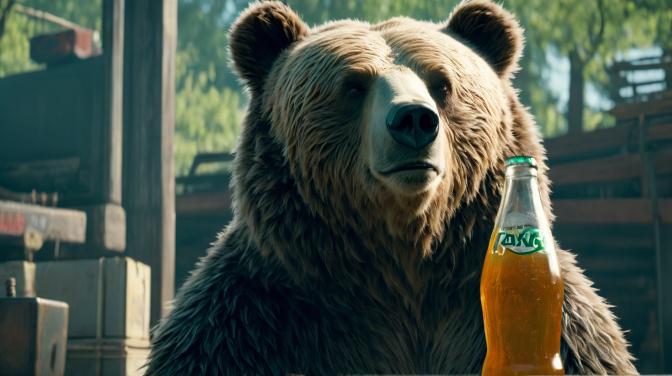 Feel the bear with a bottle of soda.