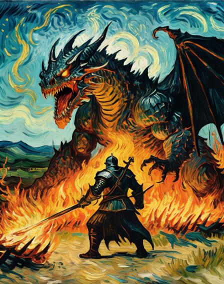 A Dark Souls knight taking on a giant dragon and balrog monster beside a campfire.