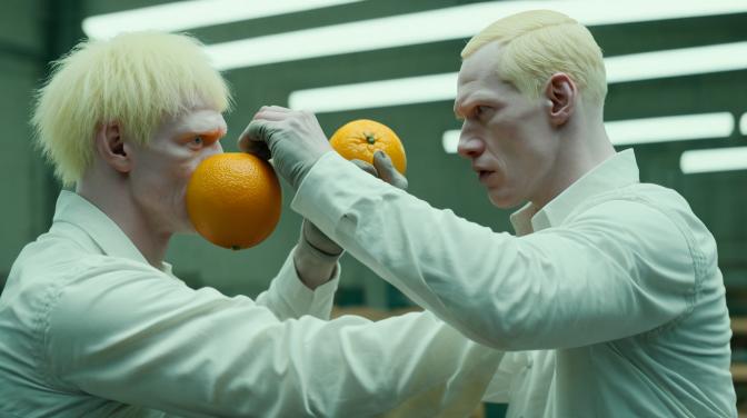 Two albino woodworkers fighting over an orange.