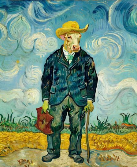 A half-human, half-cow with a business suit on.