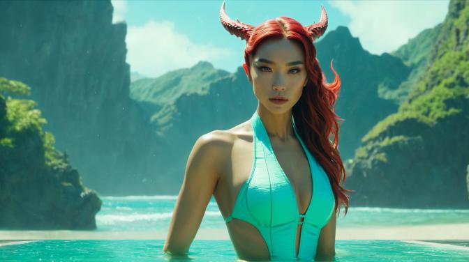 Sexy dragon girl in a bathing suit.