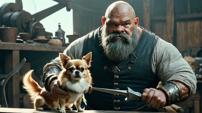 Blacksmith Dwarf with a Chihuahua.