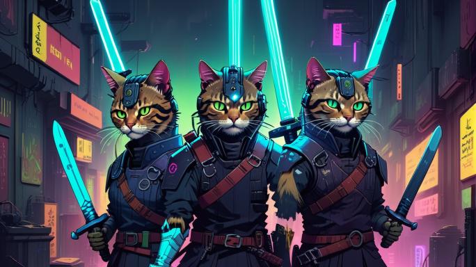 drunk cats with swords look at you