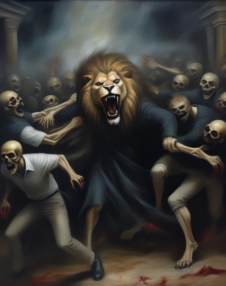 Headless lion attacking people.