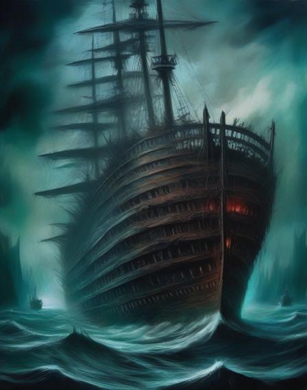 Create a picture of a giant ship where everybody on board is dead and it looks like the...