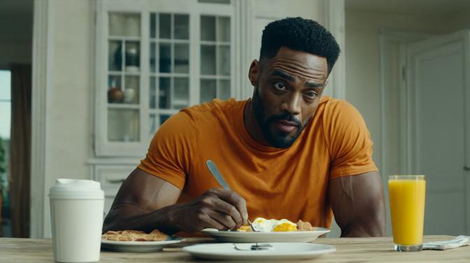 Ivan Valentine as a black guy eating breakfast.