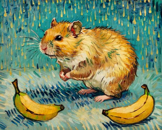 A hamster standing in the rain with a banana in its hand.