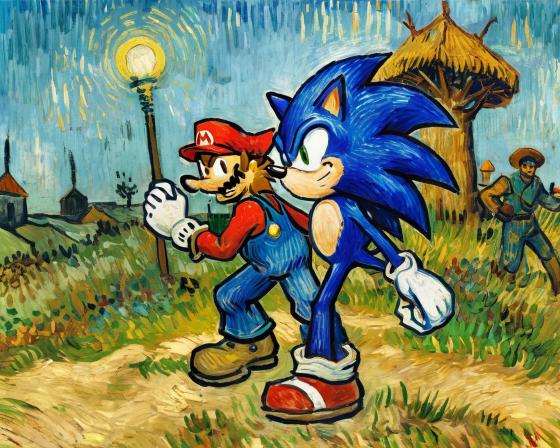 Sonic the Hedgehog and Mario as partners in Dark Souls fighting... the devil.