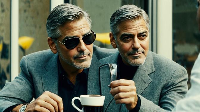 George Clooney drink a coffee with Mikey