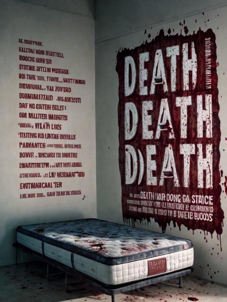 A bunch of mattresses lined up against the wall and the word DEATH spelled on them with dried blood.