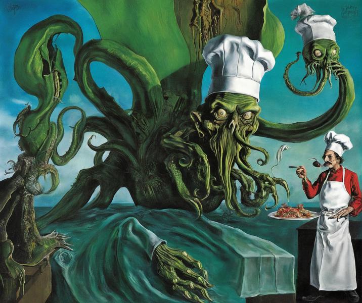 Cthulhu wearing a really tall chef hat because it's concealing his bong because he's a big old stoner. They call him Snoop Thulu.