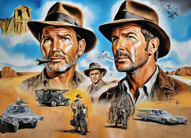 Indiana Jones and the Last Crusade. Harrison Ford playing Indiana Jones, the famous Harrison Ford. A portrait, super realistic of Harrison Ford as the movie icon Indiana Jones with his fedora.