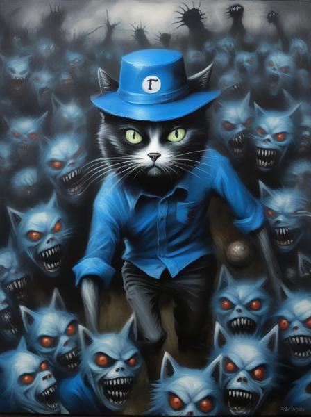Black and white cat with a blue baseball hat backwards and a blue shirt attacking zombies
