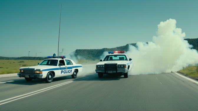 Police cars speeding on a road with smoke.