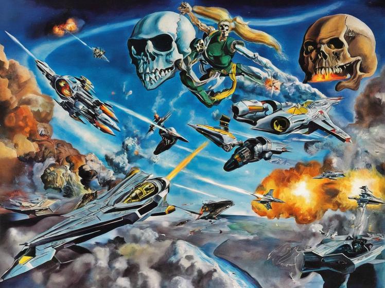 Rick Hunter from Robotech in a Valkyrie fighter flying through space firing missiles at Zentradi. Rick Hunter from Robotech in Skull-1, the Valkyrie Skull-1 in Battloid mode firing a volley of missiles, a lot of missiles. I want you to go absolutely freak