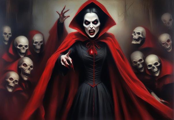Female vampire wearing a red cloak pointing to the left.