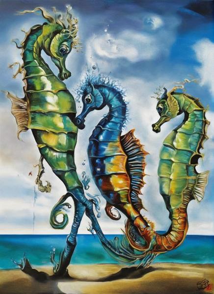 iridescent eyes of the seahorse rise