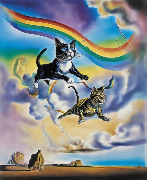 A glistening cat flying through the air with a rainbow on its back.