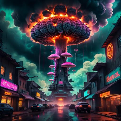 cyberpunk, nuclear explosion, mushroom cloud, electricity,