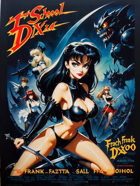High School DxD as a Frank Frazetta pinup poster.