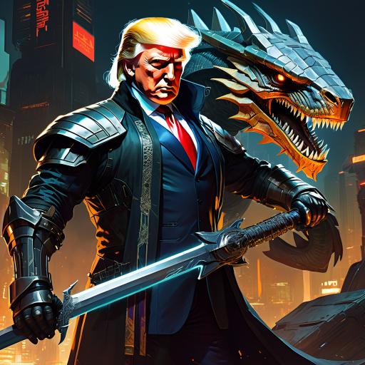 President Trump with a sword dressed like someone from Skyrim slaying a dragon that looks like Kamala Harris.