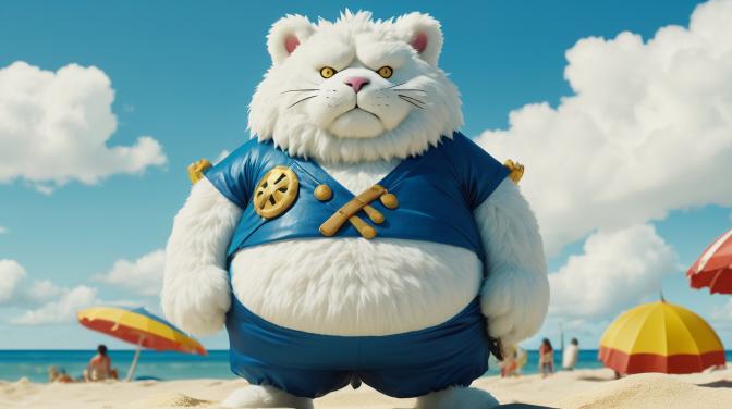Fluffy, relaxing at a beach from One Piece.