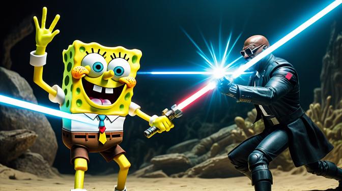 Spongebob and Nick Fury fighting each other with lightsabers.