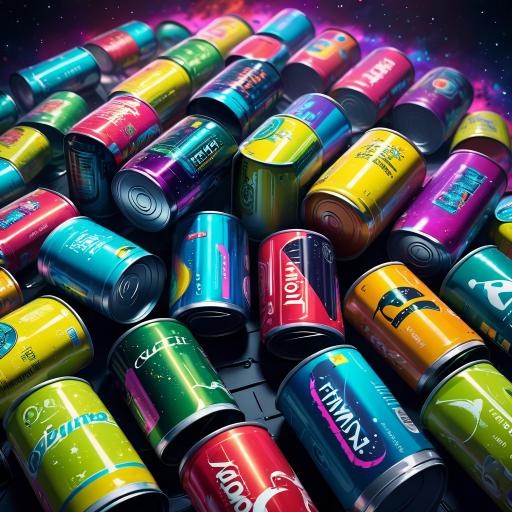 Ten cans of pop floating in space.