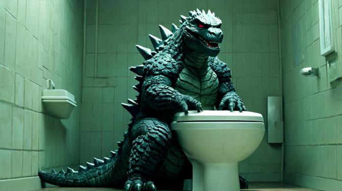 Godzilla sitting on the toilet.