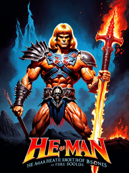 He man holding a sword made of bones on fire dripping blood.