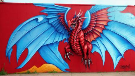 A red dragon with blue wings,