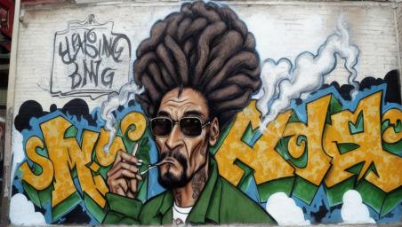 Snoop Dogg smoking a joint, but the end of the joint looks like an afro on somebody else's head,