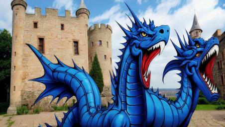 her blue dragon on a medieval castle,