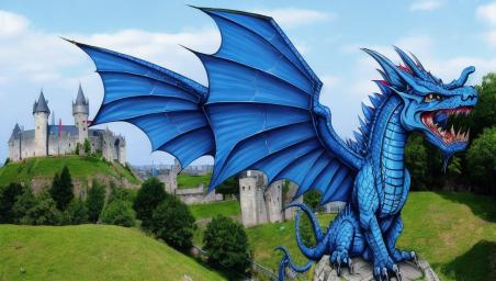 A blue dragon facing a castle,
