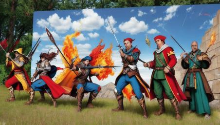 A full party with a swordsman, an archer, a fire mage, a healer, and a sharpshooter,