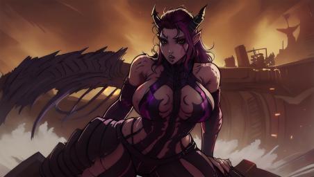 A demon girl looks sexy and with massive hips,